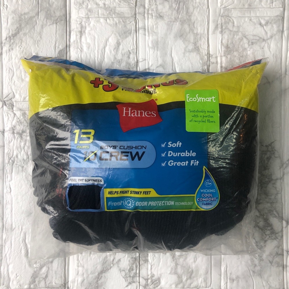 3/$21 ♥️ HANES Boys Size S (4-8) Black 13 Pack Crew Socks Cushion Cool Comfort